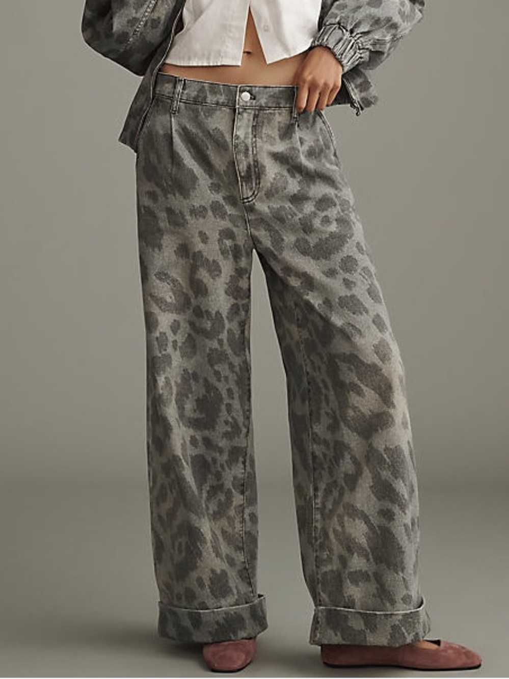 NWT sz 29 Pilcro Leon Double Hem High Rise Wide Leg Cuffed Jeans grey leopard - Picture 1 of 10